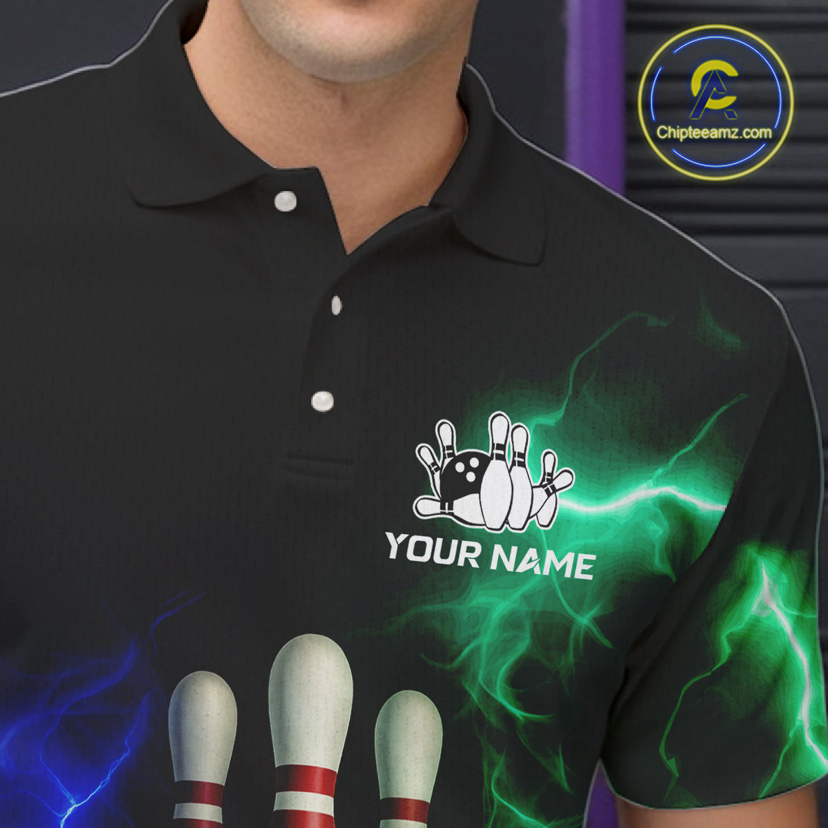 Blue and Green Lightning thunder Black Bowling Shirts For Men custom Bowling Team Jerseys NQS10379