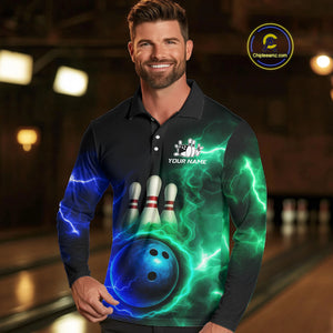 Blue and Green Lightning thunder Black Bowling Shirts For Men custom Bowling Team Jerseys NQS10379