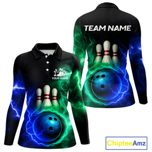 Blue and Green Lightning thunder Black Bowling Shirts For Women custom Bowling Team Jerseys NQS10379