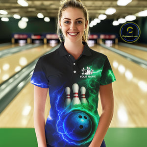 Blue and Green Lightning thunder Black Bowling Shirts For Women custom Bowling Team Jerseys NQS10379