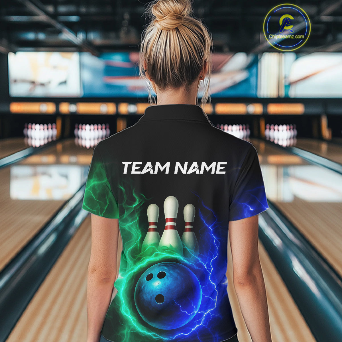 Blue and Green Lightning thunder Black Bowling Shirts For Women custom Bowling Team Jerseys NQS10379