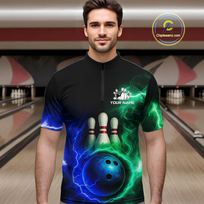 Blue and Green Lightning thunder Black Bowling Shirts For Men custom Bowling Team Jerseys NQS10379