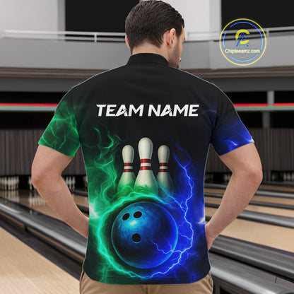 Blue and Green Lightning thunder Black Bowling Shirts For Men custom Bowling Team Jerseys NQS10379