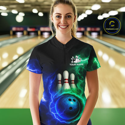Blue and Green Lightning thunder Black Bowling Shirts For Women custom Bowling Team Jerseys NQS10379