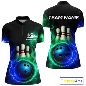 Blue and Green Lightning thunder Black Bowling Shirts For Women custom Bowling Team Jerseys NQS10379