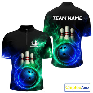 Blue and Green Lightning thunder Black Bowling Shirts For Men custom Bowling Team Jerseys NQS10379