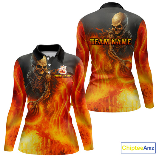 Orange Flame Skull reaper Bowling polo, quarter zip shirts for Women Custom skull bowling team jersey NQS10300