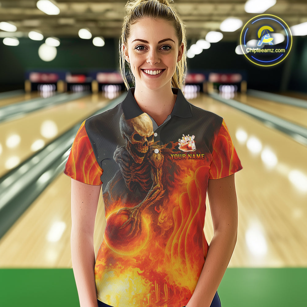 Orange Flame Skull reaper Bowling polo, quarter zip shirts for Women Custom skull bowling team jersey NQS10300