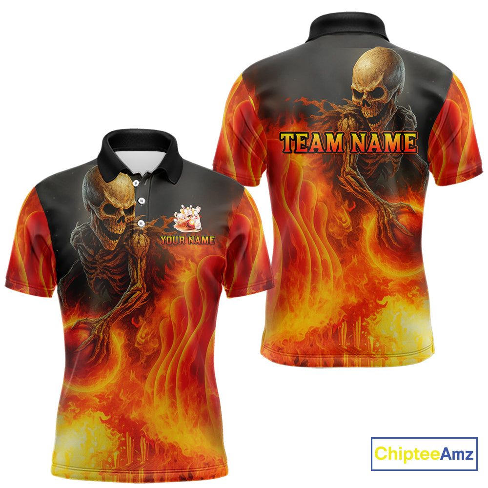 Orange Flame Skull reaper Bowling polo, quarter zip shirts for Men Custom skull bowling team jersey NQS10300