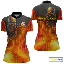 Load image into Gallery viewer, Orange Flame Skull reaper Bowling polo, quarter zip shirts for Women Custom skull bowling team jersey NQS10300