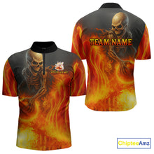 Load image into Gallery viewer, Orange Flame Skull reaper Bowling polo, quarter zip shirts for Men Custom skull bowling team jersey NQS10300