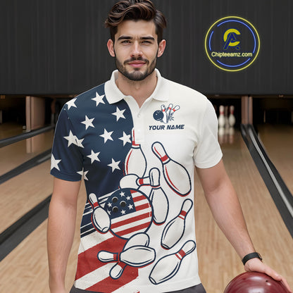 Custom American flag Bowling Shirt For Men personalized red, white and blue patriotic bowling shirts NQS10313