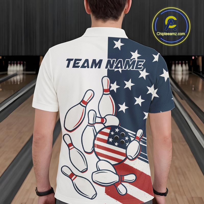 Custom American flag Bowling Shirt For Men personalized red, white and blue patriotic bowling shirts NQS10313