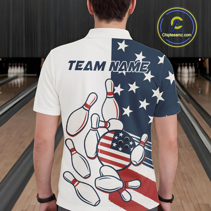 Custom American flag Bowling Shirt For Men personalized red, white and blue patriotic bowling shirts NQS10313