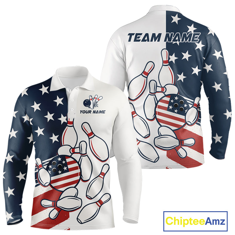 Custom American flag Bowling Shirt For Men personalized red, white and blue patriotic bowling shirts NQS10313