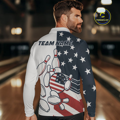 Custom American flag Bowling Shirt For Men personalized red, white and blue patriotic bowling shirts NQS10313