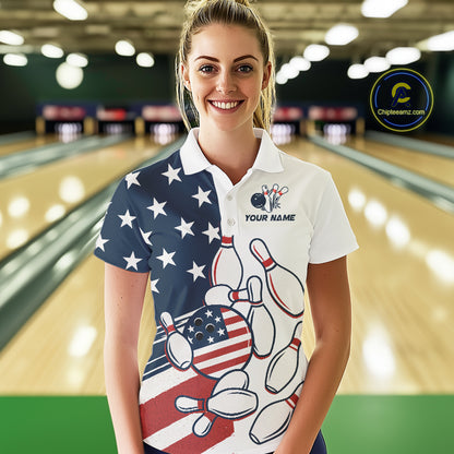 Custom American flag Bowling Shirt For Women personalized red, white and blue patriotic bowling shirt NQS10313