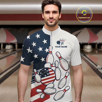 Custom American flag Bowling Shirt For Men personalized red, white and blue patriotic bowling shirts NQS10313