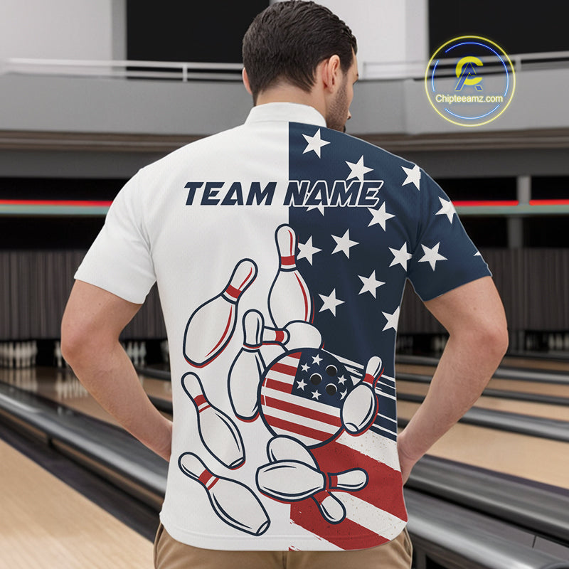 Custom American flag Bowling Shirt For Men personalized red, white and blue patriotic bowling shirts NQS10313