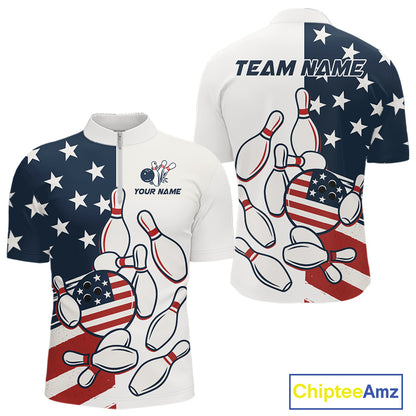 Custom American flag Bowling Shirt For Men personalized red, white and blue patriotic bowling shirts NQS10313