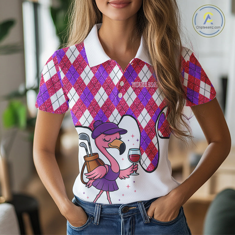 Pink purple glitter argyle pattern Flamingo Women golf polo shirt Custom weekend forecast golf & wine NQS10325