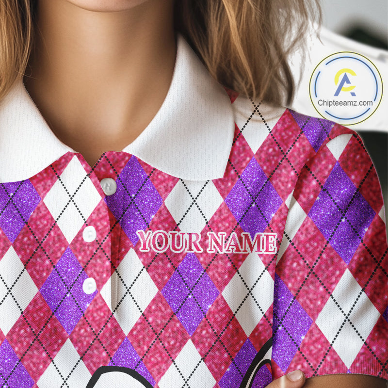 Pink purple glitter argyle pattern Flamingo Women golf polo shirt Custom weekend forecast golf & wine NQS10325