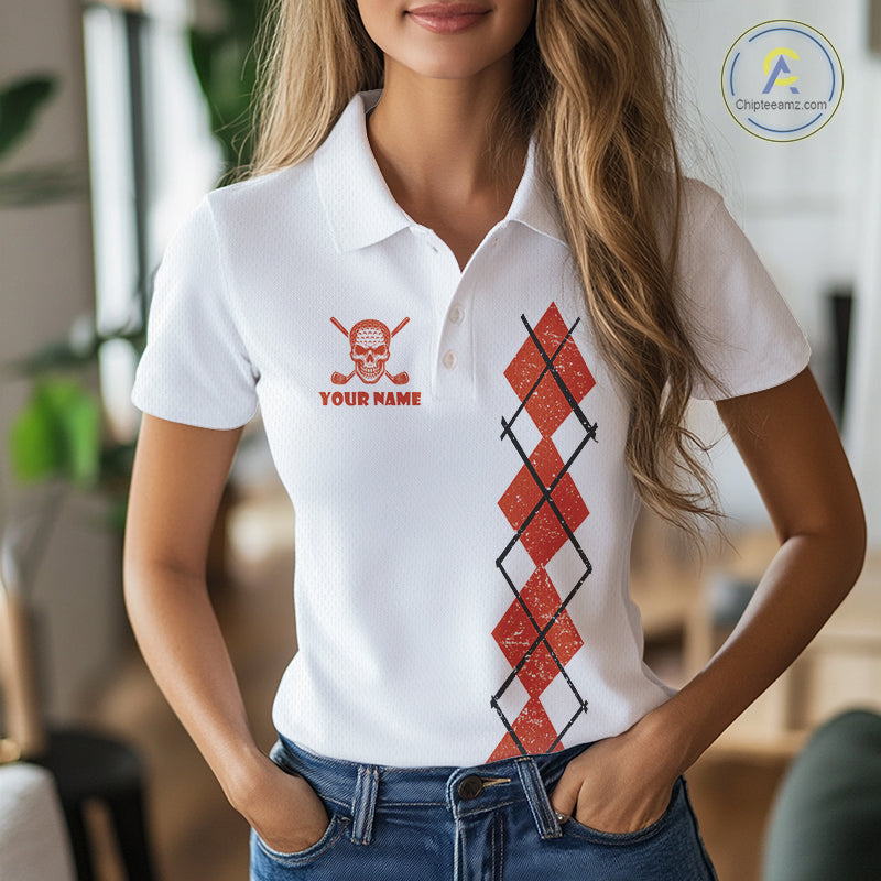 Orange argyle plaid pattern Skull White Golf polo shirt for Women custom Halloween ladies golf attire NQS10357