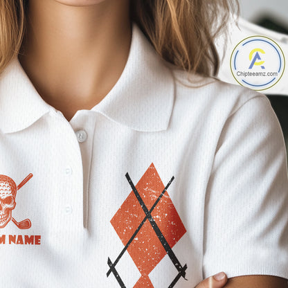 Orange argyle plaid pattern Skull White Golf polo shirt for Women custom Halloween ladies golf attire NQS10357
