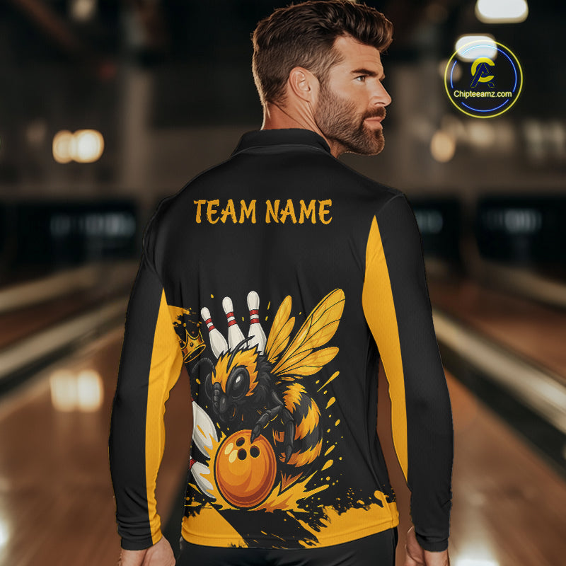 Custom Black and Yellow Bee Bowling Polo, Quarter Zip Shirts For Men, Bee Bowling Team Bowlers Outfit NQS10361