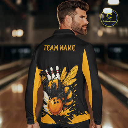 Custom Black and Yellow Bee Bowling Polo, Quarter Zip Shirts For Men, Bee Bowling Team Bowlers Outfit NQS10361