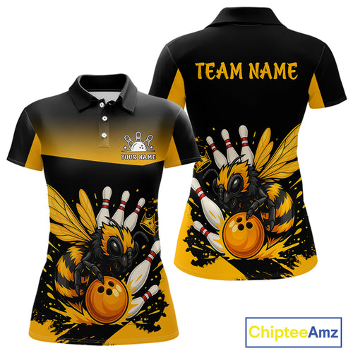 Custom Black and Yellow Bee Bowling Polo, 1/4 Zip Shirts For Women, Bee Bowling Team Bowlers Outfit NQS10361