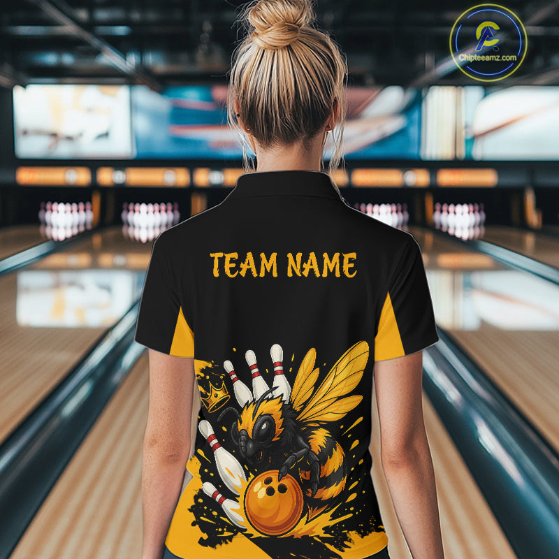Custom Black and Yellow Bee Bowling Polo, 1/4 Zip Shirts For Women, Bee Bowling Team Bowlers Outfit NQS10361