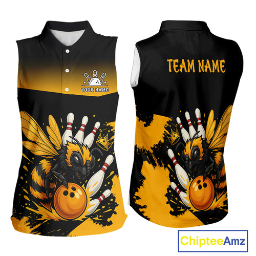 Custom Black and Yellow Bee Bowling Sleeveless Polo Shirt, Bee Bowling Team Bowlers Outfit NQS10361