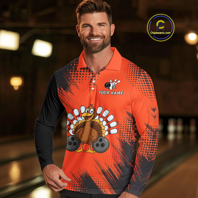 Custom Orange Turkey Bowling Shirt For Men, Thanksgiving Bowling Team Jersey Bowler Outfit NQS10369