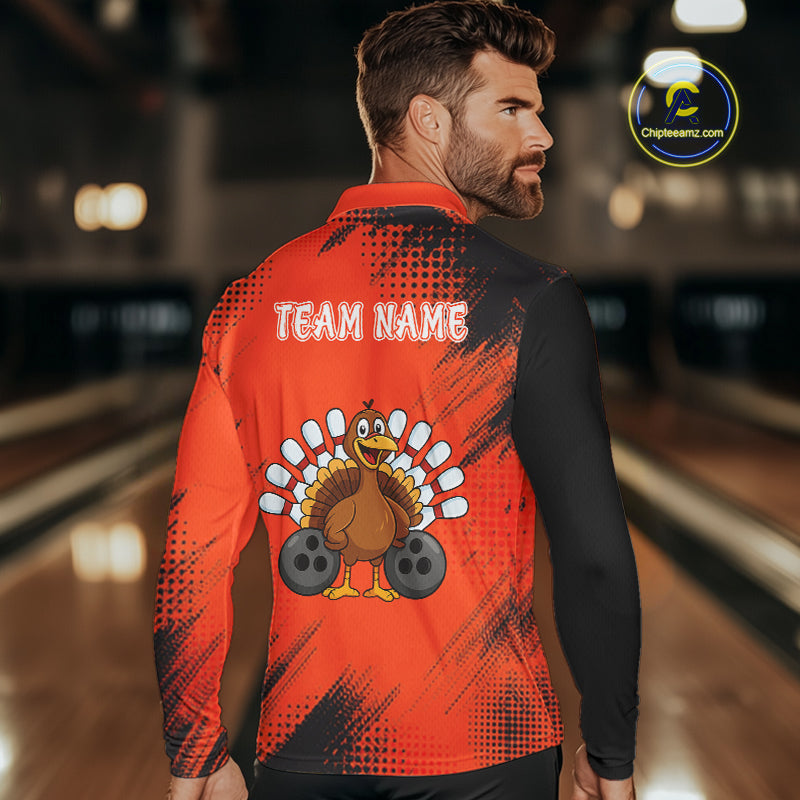 Custom Orange Turkey Bowling Shirt For Men, Thanksgiving Bowling Team Jersey Bowler Outfit NQS10369