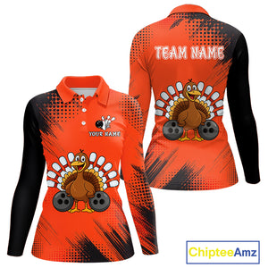 Custom Orange Turkey Bowling Shirt For Women, Thanksgiving Bowling Team Jersey Bowler Outfit NQS10369
