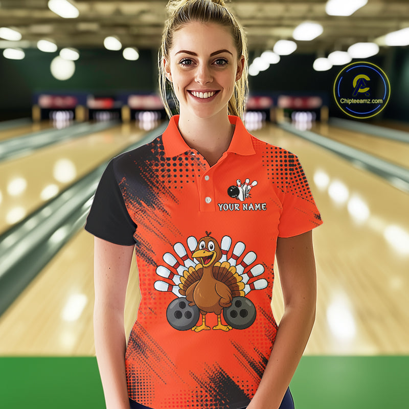 Custom Orange Turkey Bowling Shirt For Women, Thanksgiving Bowling Team Jersey Bowler Outfit NQS10369