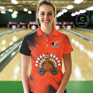 Custom Orange Turkey Bowling Shirt For Women, Thanksgiving Bowling Team Jersey Bowler Outfit NQS10369
