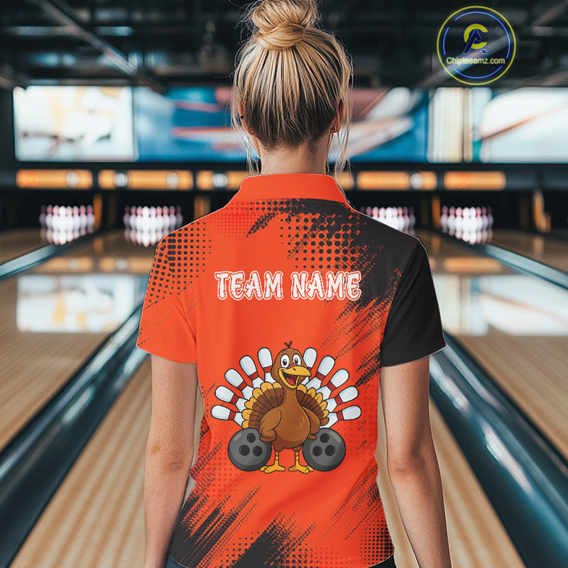 Custom Orange Turkey Bowling Shirt For Women, Thanksgiving Bowling Team Jersey Bowler Outfit NQS10369