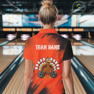 Custom Orange Turkey Bowling Shirt For Women, Thanksgiving Bowling Team Jersey Bowler Outfit NQS10369