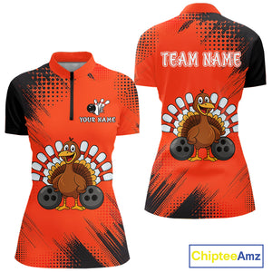 Custom Orange Turkey Bowling Shirt For Women, Thanksgiving Bowling Team Jersey Bowler Outfit NQS10369