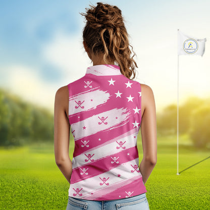 Pink American Flag Womens Sleeveless polo shirt, patriotic golf outfits ladies, cool golf gifts NQS10092