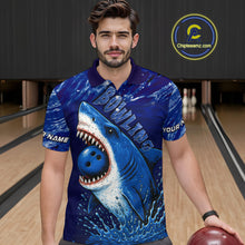 Load image into Gallery viewer, Custom Blue Shark Bowling Polo, Quarter Zip Shirts For Men, Shark Bowling League Shirts NQS10420