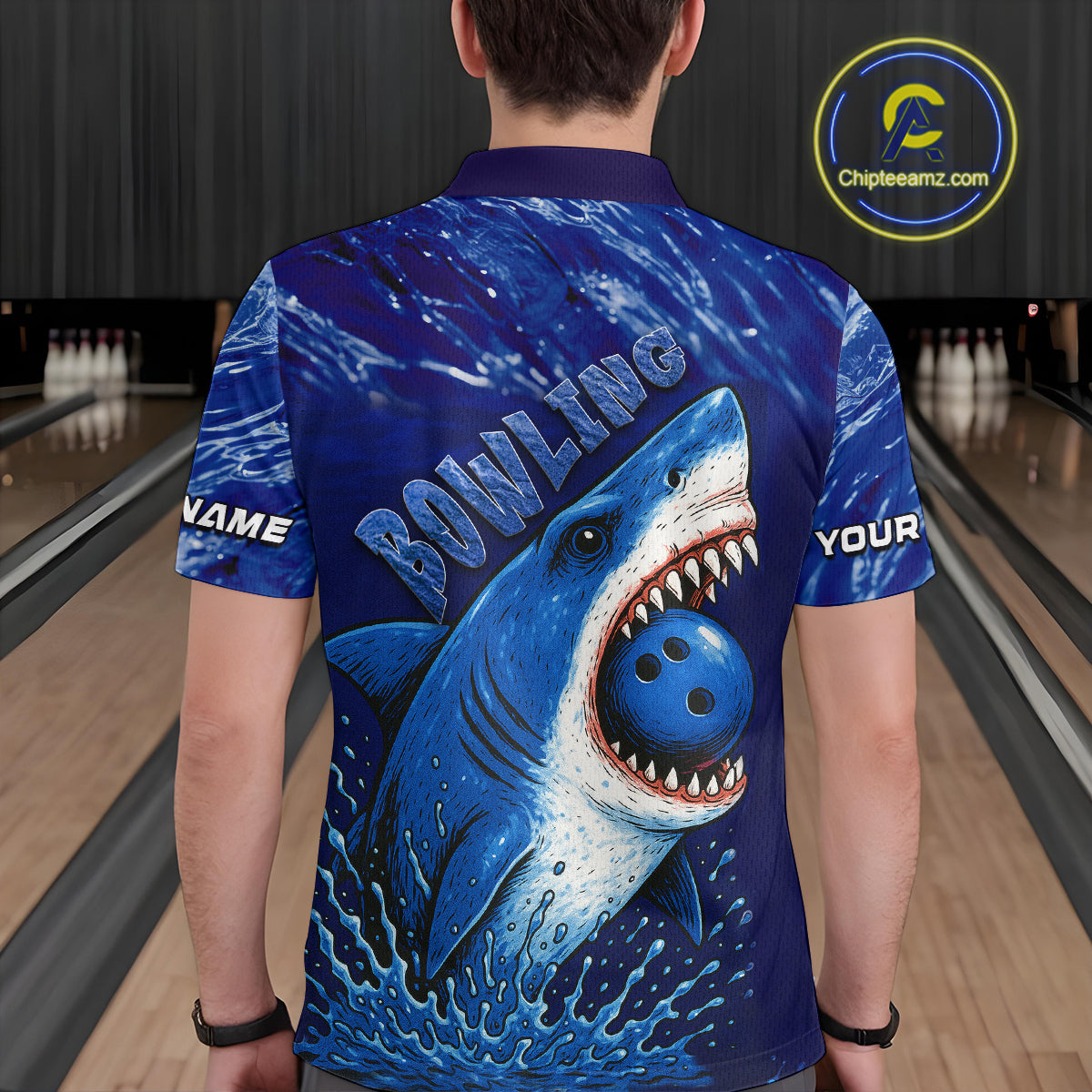Custom Blue Shark Bowling Polo, Quarter Zip Shirts For Men, Shark Bowling League Shirts NQS10420