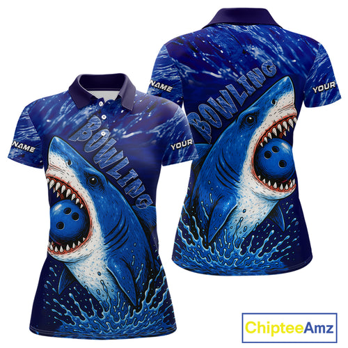 Custom Blue Shark Bowling Polo, Quarter Zip Shirts For Women, Shark Bowling League Shirts NQS10420