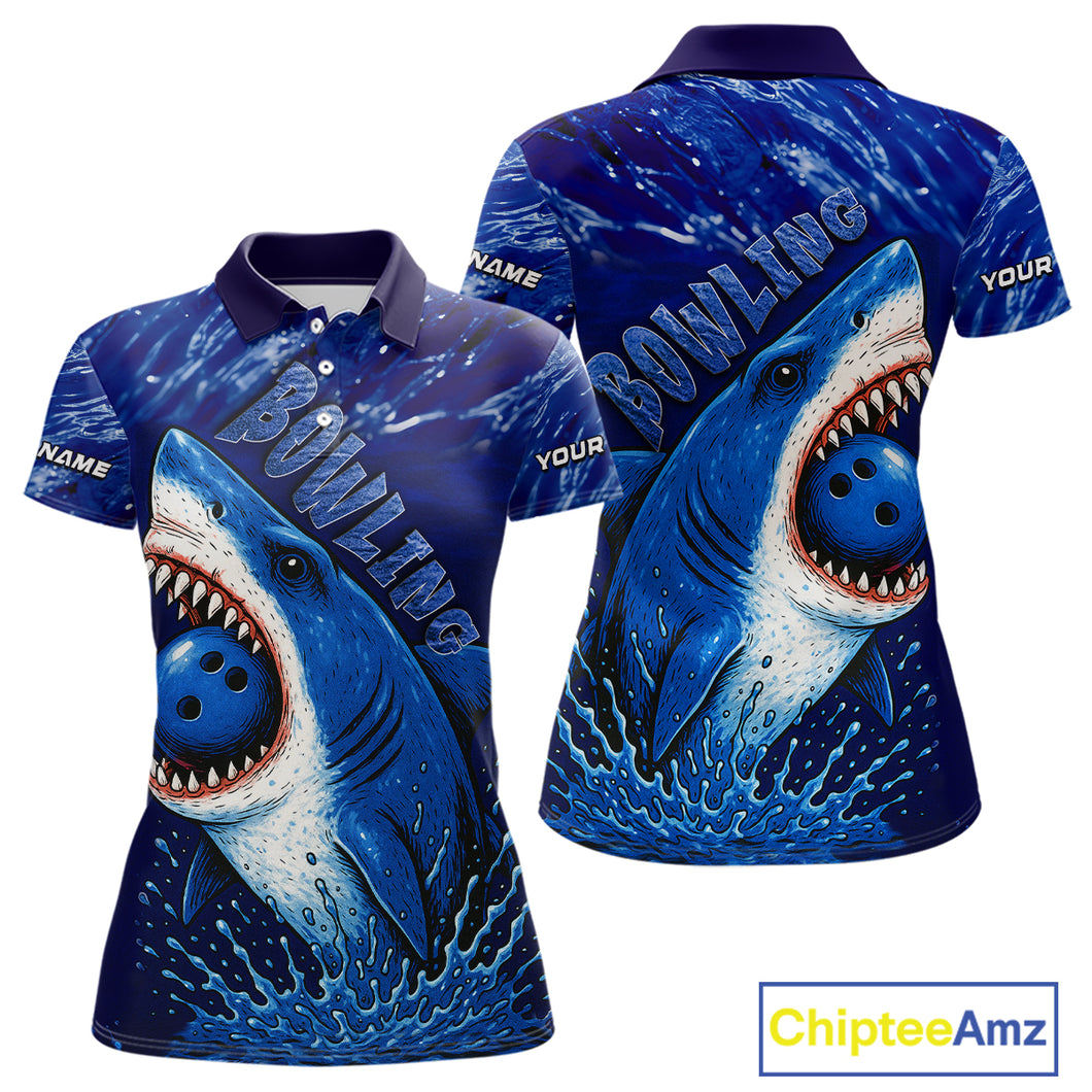 Custom Blue Shark Bowling Polo, Quarter Zip Shirts For Women, Shark Bowling League Shirts NQS10420
