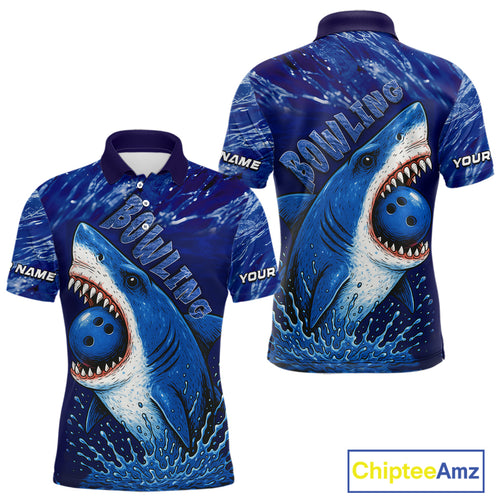 Custom Blue Shark Bowling Polo, Quarter Zip Shirts For Men, Shark Bowling League Shirts NQS10420