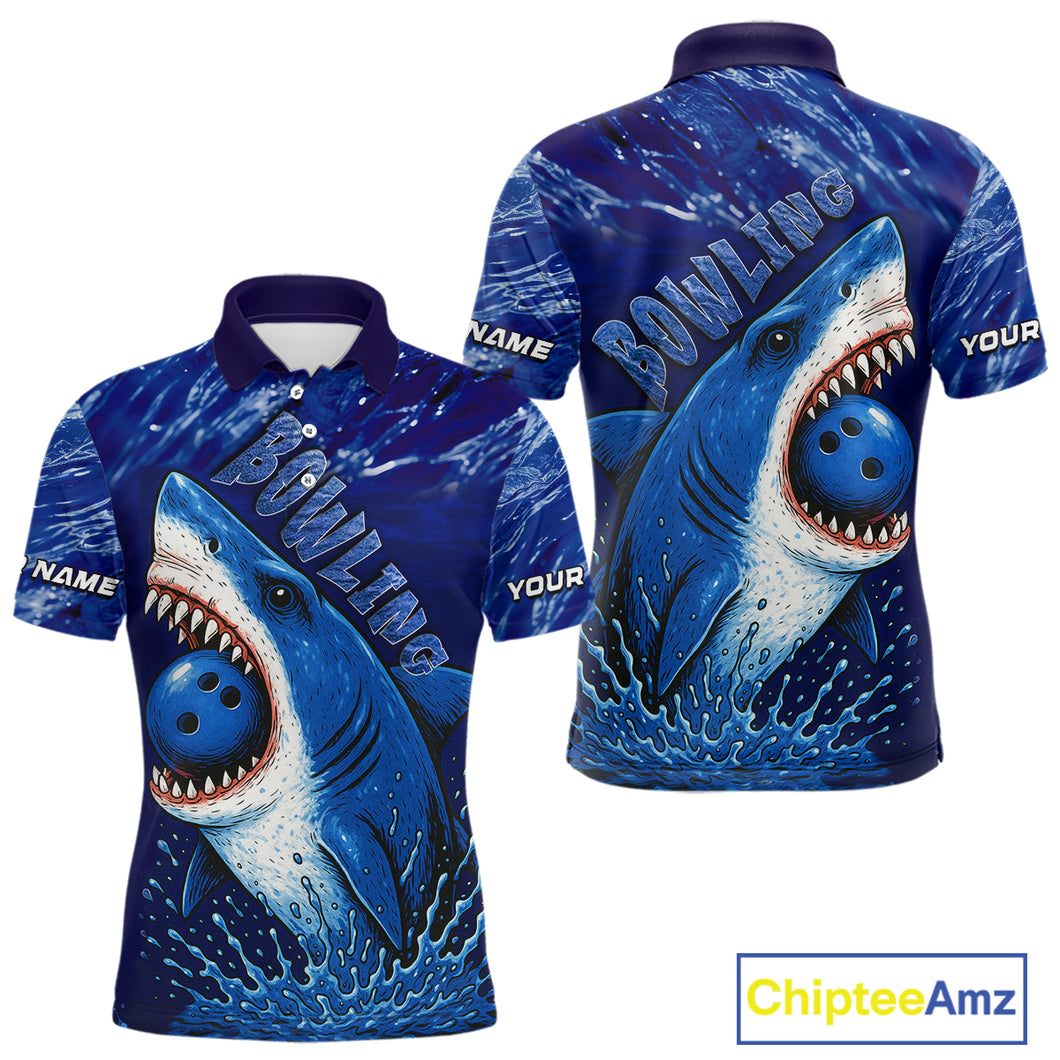 Custom Blue Shark Bowling Polo, Quarter Zip Shirts For Men, Shark Bowling League Shirts NQS10420