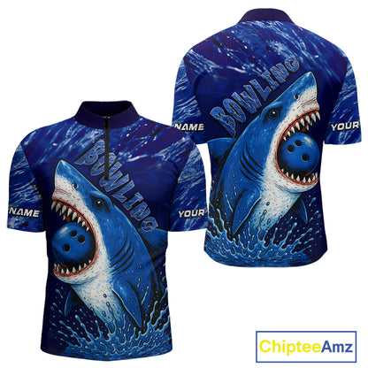 Custom Blue Shark Bowling Polo, Quarter Zip Shirts For Men, Shark Bowling League Shirts NQS10420
