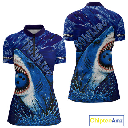 Custom Blue Shark Bowling Polo, Quarter Zip Shirts For Women, Shark Bowling League Shirts NQS10420